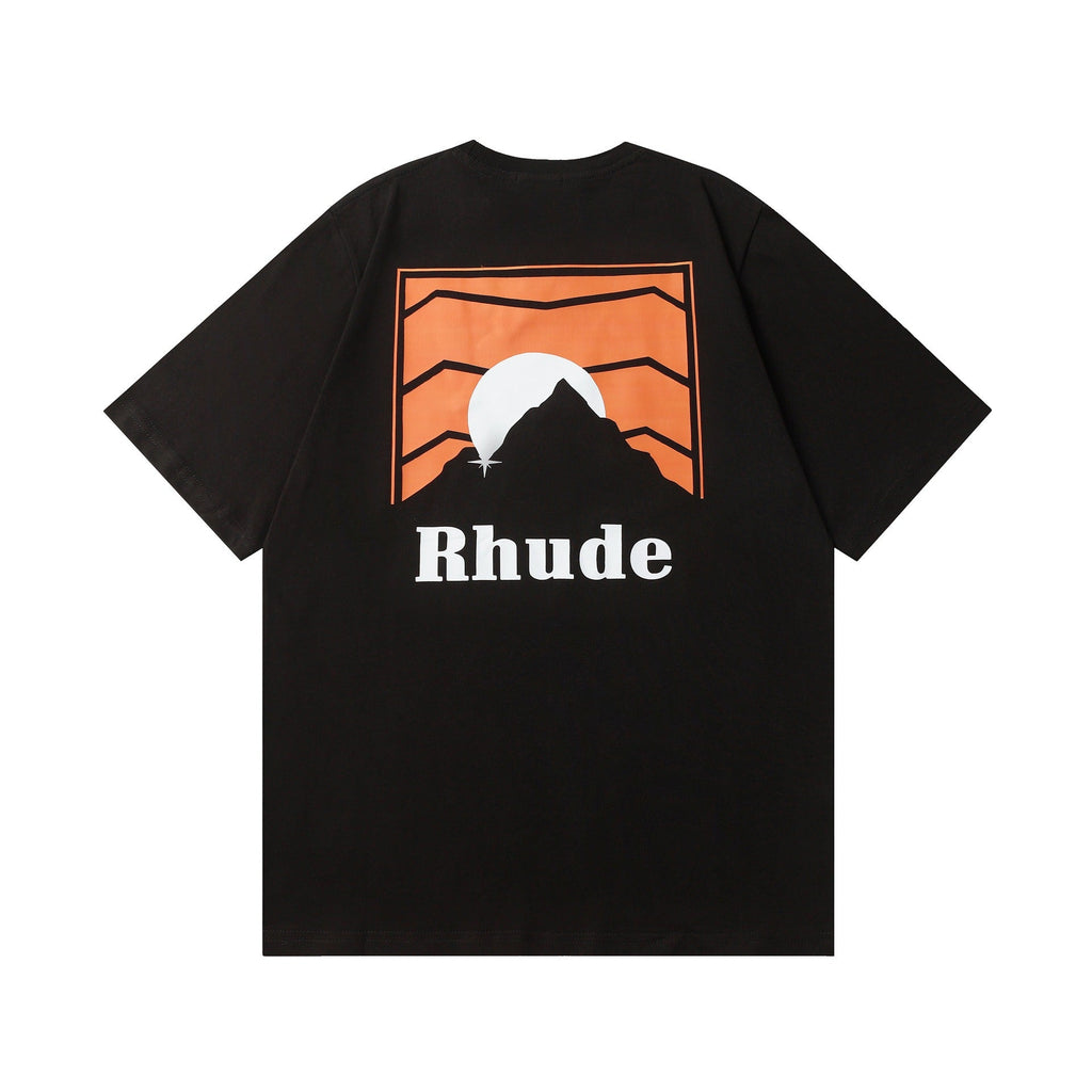 Rhude T-shirt Striped Sunset Snow Mountain Print Short Sleeve T-shirt
